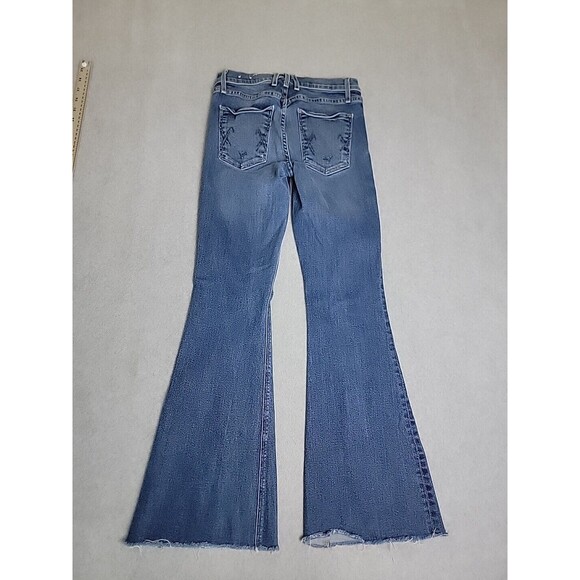 McGuire Jeans Womens 26 25x29  Flare Stretch Dark Blue Low Rise Raw Hem Fray USA - Picture 13 of 14